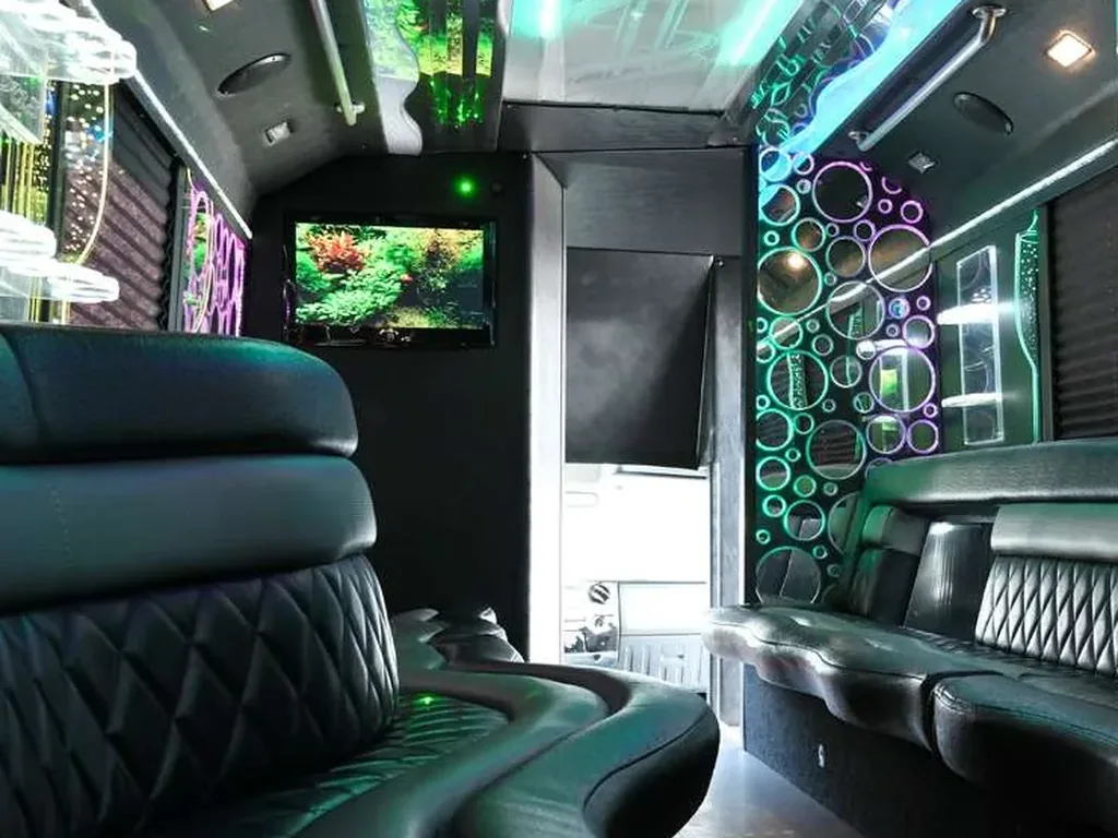 Party bus interior with white lounge seating