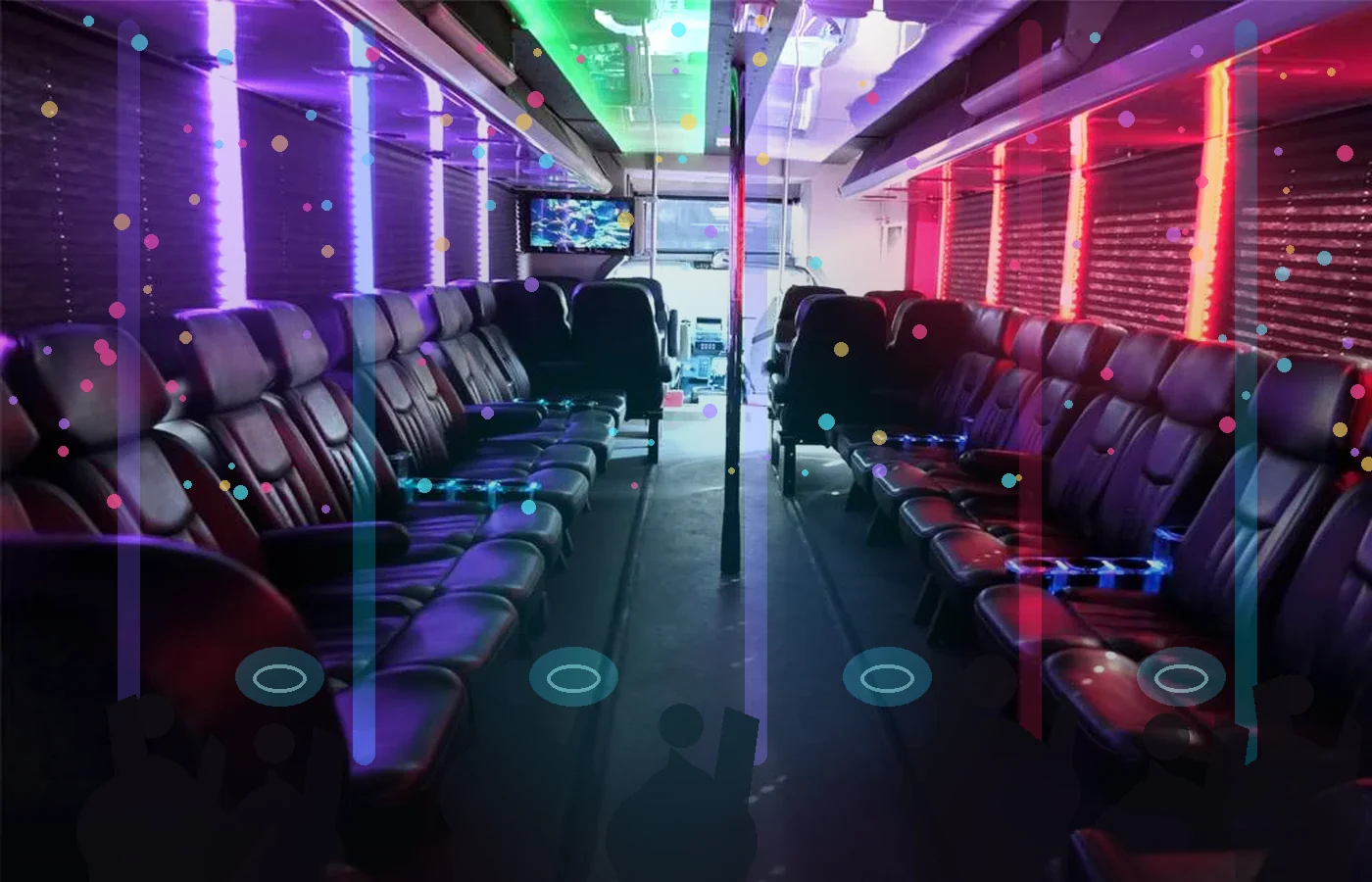 Group celebrating inside a party bus with colorful lighting.